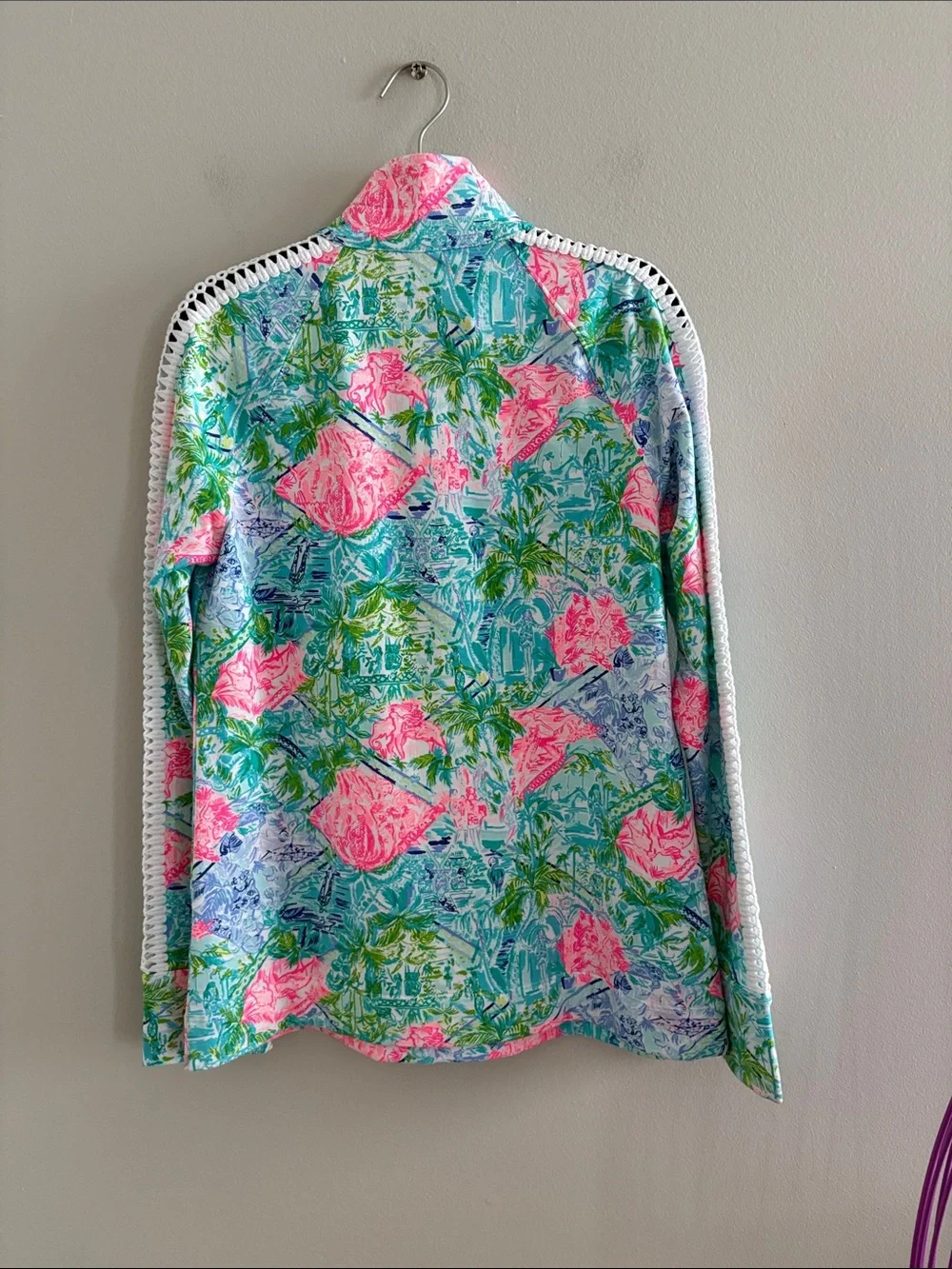Lilly Pulitzer Teal and Pink Floral Half-Zip Pullover - Picture 7 of 12